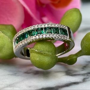 14k white gold over 925 lab emerald diamond band